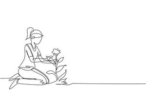 singolo disegno a tratteggio giovane donna piante fiori a terra. la ragazza carina trapianta le piante, fa giardinaggio, si prepara alla primavera. hobby domestico, concetto di relax. vettore di disegno a linea continua
