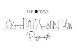 singolo disegno a tratteggio dello skyline della città di plymouth, in inghilterra. famoso paesaggio di raschietto della città. concetto di stampa di poster di arte della decorazione della parete di casa di viaggio del mondo. illustrazione vettoriale grafica di disegno a linea continua