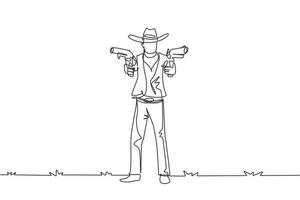 un pistolero del selvaggio west che disegna una linea continua con due pistole. cowboy americani che puntano due pistole nel deserto. armi per autodifesa. illustrazione grafica vettoriale di disegno a linea singola