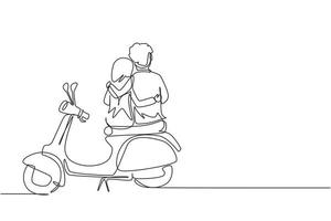 disegno continuo di una linea vista posteriore cavalieri arabi coppia viaggio viaggio relax. momenti romantici in luna di miele con abbracci. uomo con donna in sella a una moto scooter. grafica vettoriale di disegno a linea singola