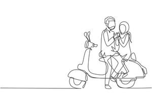 disegno continuo di una linea di motociclisti arabi viaggio di coppia relax. momenti romantici in luna di miele seduti e parlando in moto. uomo con donna in sella a uno scooter. grafica vettoriale di disegno a linea singola