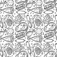 modello di carne senza cuciture. sfondo di carne in bianco e nero. doodle illustrazione vettoriale con icone di prodotti a base di carne