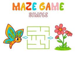 semplice gioco di puzzle labirinto per bambini. colore semplice gioco labirinto o labirinto con farfalla e fiore. vettore