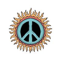 illustrazione colorata di doodle di simbolo di pace e fuoco per il design di t-shirt poster tatuaggio adesivo ecc vettore