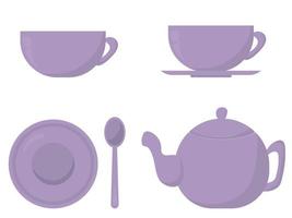 set di utensili per bere il tè in tonalità viola, una tazza, un piattino e una teiera in un colore delicato per il design vettore