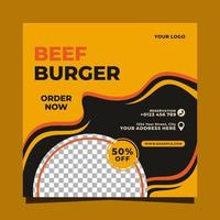 design del modello di post sui social media di hamburger di manzo vettore