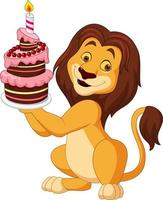 cartone animato leone azienda torta di compleanno vettore
