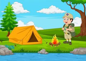scout di cartoni animati con tenda e fuoco vettore