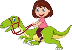 bambina del fumetto che guida un dinosauro vettore