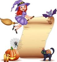 segno di halloween con piccola strega, pipistrello, ragnatela, candele, zucca e gatto nero