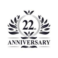 Celebrazione del 22° anniversario, lussuoso logo dell'anniversario di 22 anni. vettore