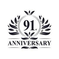 Celebrazione del 91° anniversario, lussuoso logo del 91° anniversario. vettore