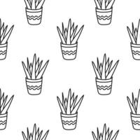 modello senza cuciture in bianco e nero con piante di contorno doodle in vaso. vettore