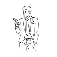 uomo d'affari di arte di linea che utilizza l'illustrazione dello smartphone vettore disegnato a mano isolato su sfondo bianco