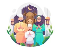 una famiglia musulmana celebra l'eid al adha. felice eid mubarak con il concetto di sfondo di famiglia, mucca, moschea, mezzaluna e lanterna. illustrazione vettoriale in stile piatto