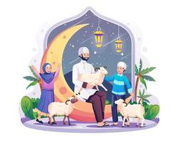 un padre ei suoi figli festeggiano la notte di eid al-adha con le pecore. un musulmano seduto sulla falce di luna con in mano un agnello. illustrazione vettoriale in stile piatto