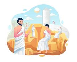 pellegrinaggio musulmano che prega sulle montagne di jabal rahmah sulla collina di arafat. i musulmani eseguono il pellegrinaggio islamico hajj. illustrazione vettoriale in stile piatto