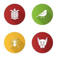 animali domestici design piatto lungo ombra glifo set di icone. tartaruga, canarino, ragno, doberman pinscher. illustrazione della siluetta di vettore