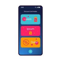 modello di vettore dell'interfaccia smartphone titolare della carta sconto. layout di progettazione blu della pagina dell'app mobile. schermo del portafoglio elettronico. interfaccia utente piatta per l'applicazione. shopping, vendita, carte premio. display del telefono