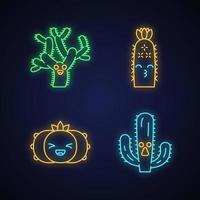 cactus simpatici personaggi kawaii al neon. piante con facce sorridenti. baciare i cactus del riccio. emoji divertenti, set di emoticon. icone luminose con alfabeto, numeri, simboli. illustrazione vettoriale isolato