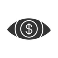 occhio umano con il simbolo del dollaro all'interno dell'icona del glifo. persona avida. simbolo della sagoma. amante dei soldi. spazio negativo. illustrazione vettoriale isolato