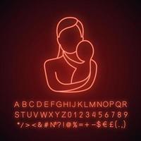 madre che tiene l'icona della luce al neon del neonato. festa della mamma. maternità. segno luminoso con alfabeto, numeri e simboli. illustrazione vettoriale isolato