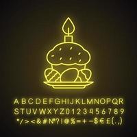 torta di pasqua, uova e icona della luce al neon della candela. segno luminoso con alfabeto, numeri e simboli. illustrazione vettoriale isolato