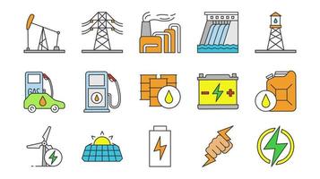 set di icone a colori di energia elettrica. elettricità. produzione e accumulazione di energia. industria dell'energia elettrica. risorse energetiche alternative. illustrazioni vettoriali isolate