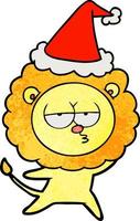 cartone animato testurizzato di un leone annoiato che indossa il cappello di Babbo Natale vettore