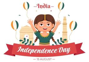 felice festa dell'indipendenza indiana che si celebra ogni agosto con bandiere, personaggi di persone e ruote di ashoka nell'illustrazione in stile cartone animato vettore