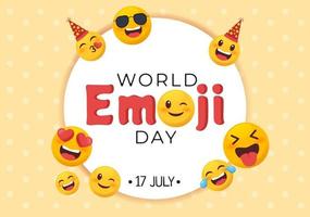 celebrazione della giornata mondiale delle emoji con eventi e versioni di prodotti in diverse espressioni facciali simpatici cartoni animati in un'illustrazione di sfondo piatto