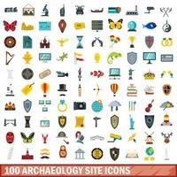 100 set di icone del sito archeologico, stile piatto vettore