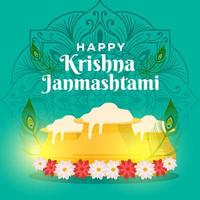 felice krishna janmashtami con matki dahi, piume di pavone e fiori vettore