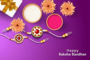 illustrazione di sfondo felice raksha bandhan con rakhi, riso, confezione regalo e fiori vettore