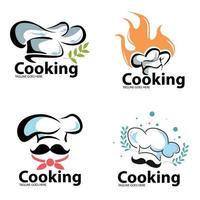 logo di cucina logo per lezioni di cucina con cappello da chef, spirito del fuoco e anche foglie di foraggio. tipografia scuola di cucina, studio alimentare, corso di cucina vettore