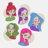 set di avatar di simpatici cartoni animati, ragazze, gruppo di persone, capelli colorati, lentiggini sul viso vettore