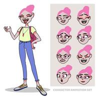set di animazione del personaggio, ragazza adolescente, a figura intera, con uno zaino, che crea persone con emozioni, animazione del viso vettore