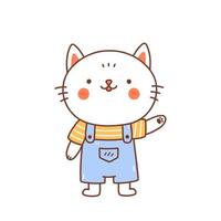 simpatico gatto sorridente in tuta isolato su sfondo bianco. illustrazione vettoriale disegnata a mano in stile kawaii. perfetto per carte, stampa, t-shirt, poster, decorazioni, logo. personaggio dei cartoni animati.