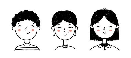 set di facce di persone carine in stile doodle. ritratti di giovani ragazze e ragazzi felici isolati su sfondo bianco. perfetto per i social media, avatars.vector illustrazione disegnata a mano di personaggi dei cartoni animati vettore