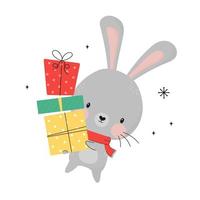 conigliofelice anno nuovo divertente simpatico coniglietto tiene i regali. simbolo cinese 2023 capodanno. personaggio dei cartoni animati di vacanze di coniglio animale. decorazione natalizia. scarabocchiare carino lepre. biglietto di auguri, adesivo, stampa vettore