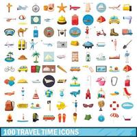 100 icone del tempo di viaggio impostate, stile cartone animato vettore