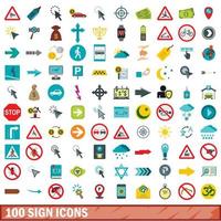100 icone dei segni impostate, stile piatto vettore
