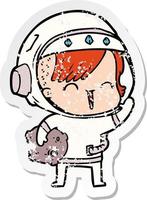 adesivo angosciato di una ragazza spaziale felice del fumetto che tiene roccia lunare vettore