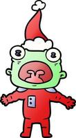 cartone animato sfumato di uno strano alieno che comunica indossando il cappello di Babbo Natale vettore