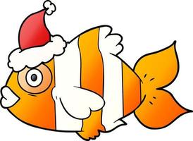 cartone animato sfumato di un pesce esotico che indossa il cappello di Babbo Natale vettore