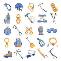 attrezzature per alpinismo set di icone, stile cartone animato vettore