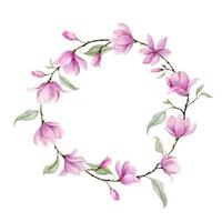 corona ad acquerello con fiori rosa e foglie verdi. illustrazione disegnata a mano del bordo del cerchio con magnolia o rosa su sfondo bianco isolato vettore