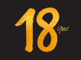 modello vettoriale di celebrazione dell'anniversario di 18 anni d'oro, design del logo di 18 anni, 18° compleanno, numeri di lettere dorate disegno a pennello schizzo disegnato a mano, illustrazione vettoriale di design del logo numero