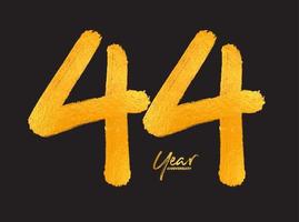 modello vettoriale di celebrazione dell'anniversario di 44 anni d'oro, design del logo di 44 anni, 44° compleanno, numeri di lettere dorate disegno a pennello schizzo disegnato a mano, illustrazione vettoriale di design del logo numero