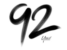 92 anni anniversario celebrazione modello vettoriale, 92 anni logo design, 92esimo compleanno, lettere nere numeri pennello disegno schizzo disegnato a mano, numero logo design illustrazione vettoriale